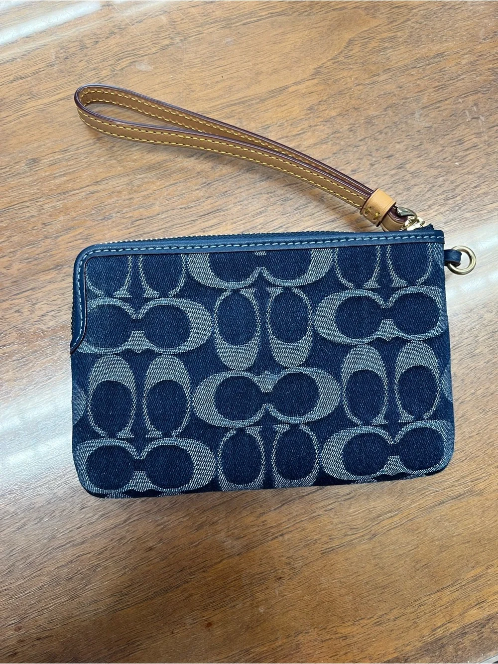 Coach Blue Signature Logo Wristlet with Brown Strap